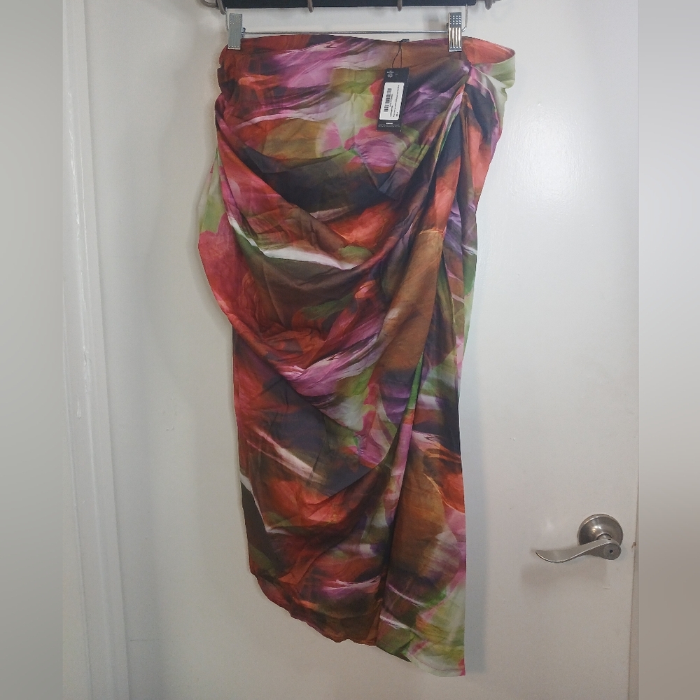 Pink & Lime Print Draped Front Side Split Midi Skirt 14 New!